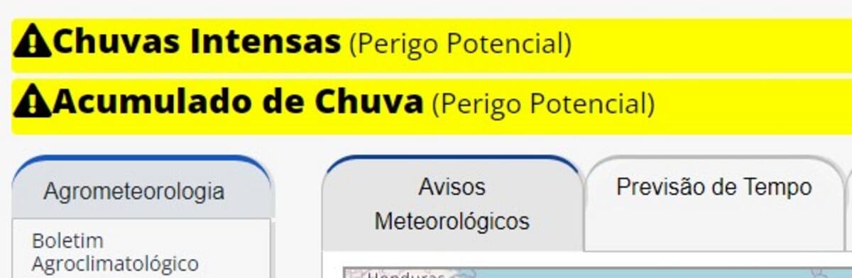 Aviso de Chuvas intensas e acumulado de chuva na região serrana