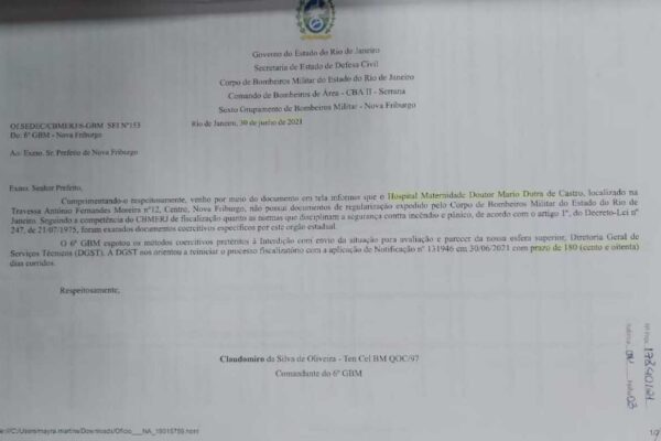 Corpo de Bombeiros de Nova Friburgo avisa que esgotou tentativas para avisar sobre riscos na Maternidade