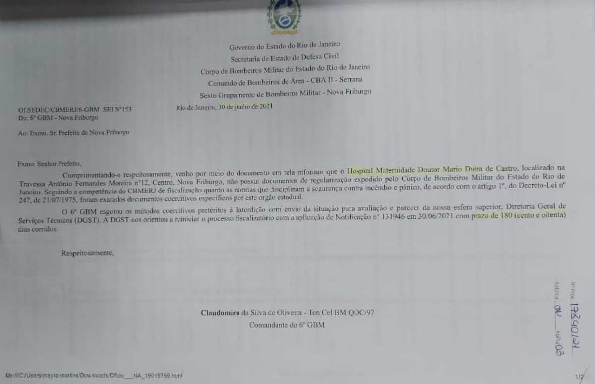 Corpo de Bombeiros de Nova Friburgo avisa que esgotou tentativas para avisar sobre riscos na Maternidade