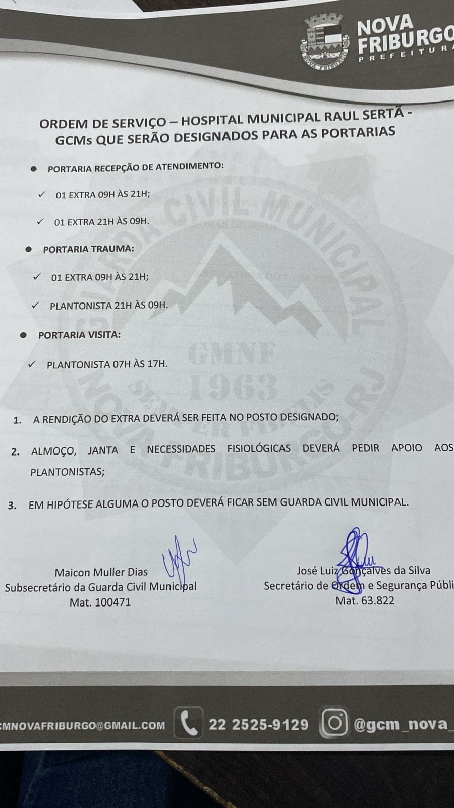 Documento mostra que Prefeitura resolveu reforçar segurança do Hospital Municipal de Nova Friburgo