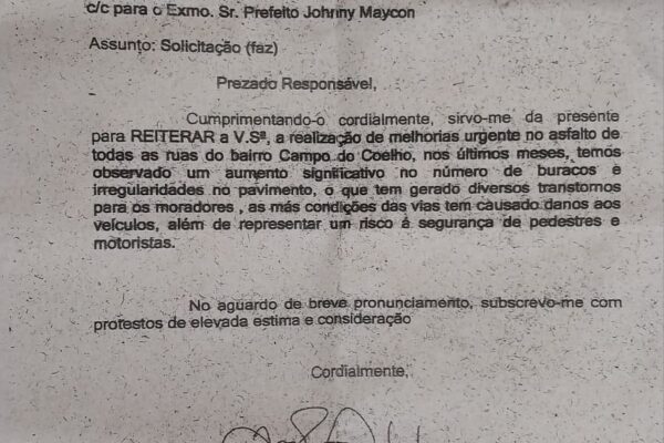 Ofício enviado por Isaque Demani a moradores de Campo do Coelho