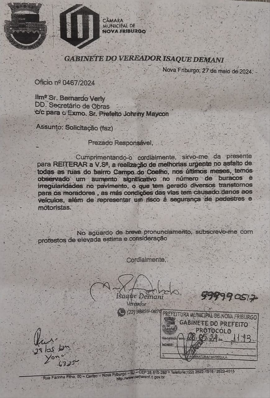 Ofício enviado por Isaque Demani a moradores de Campo do Coelho