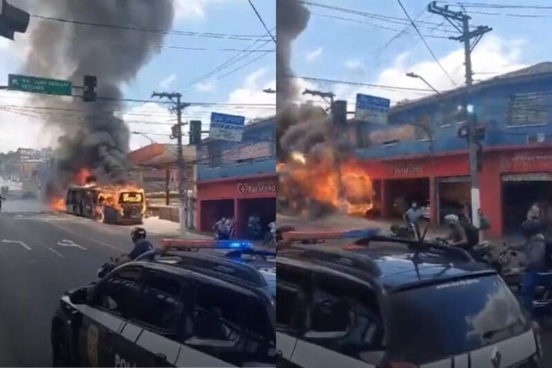 Ônibus em chama desgovernado atinge loja em São Paulo