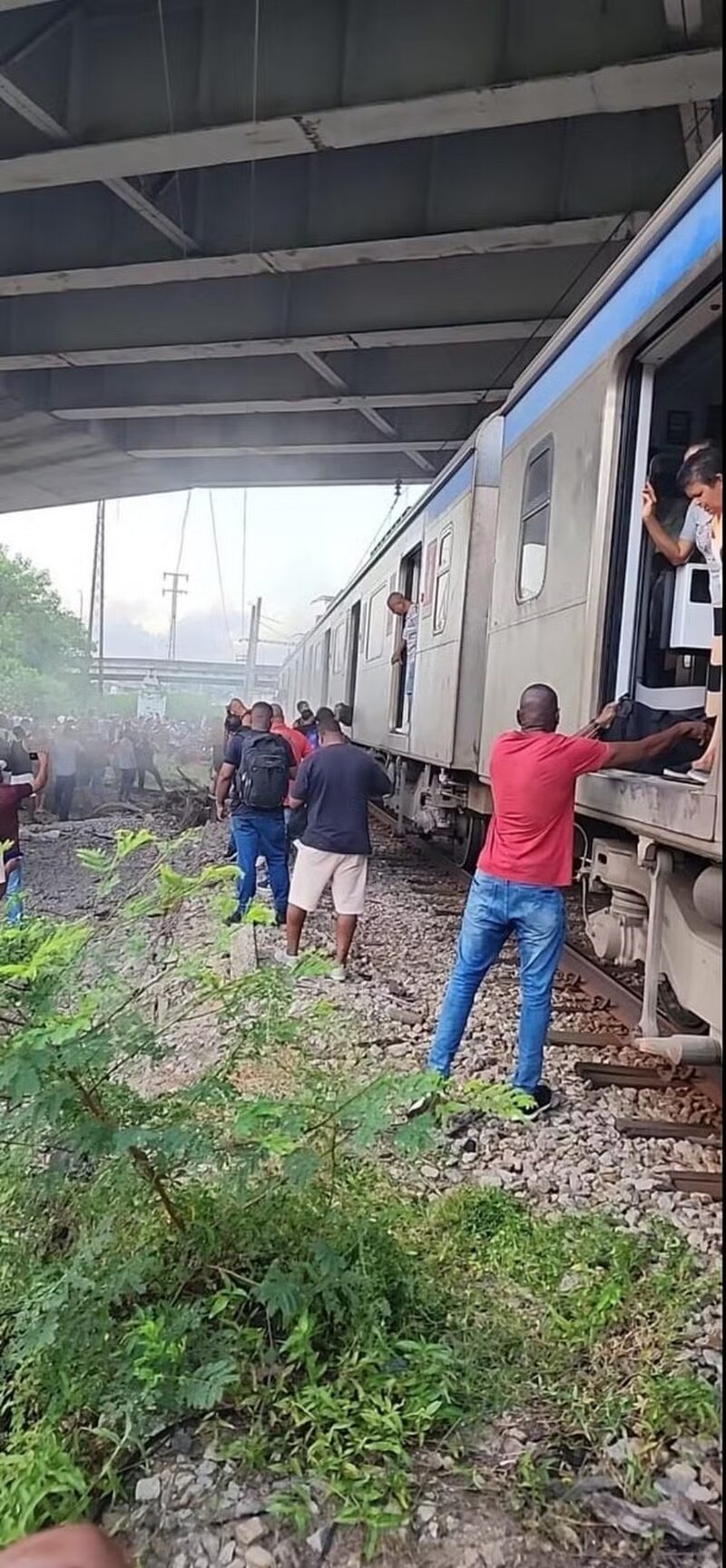 Passageiros andam pelos trilhos após trem parar na estação de Vigário Geral — Foto Reprodução (1)