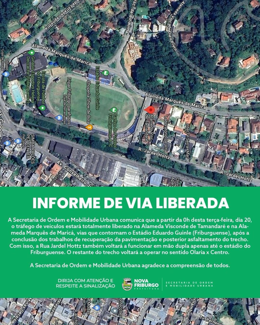 Prefeitura informa que via estará liberada a partir desta terça-feira