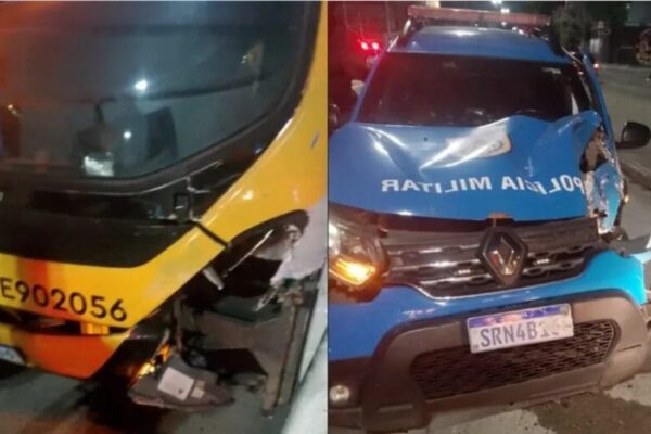 Viatura da polícia militar bate de frente com ônibus do BRT no Rio de Janeiro após perseguição policial
