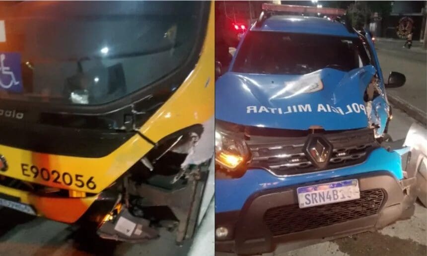 Viatura da polícia militar bate de frente com ônibus do BRT no Rio de Janeiro após perseguição policial