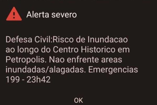Alerta de inundação severa em Petrópolis emitido pela Defesa Civil.