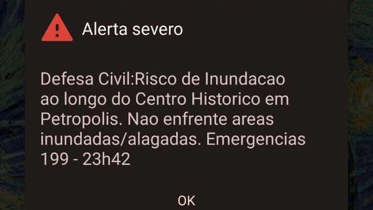 Alerta de inundação severa em Petrópolis emitido pela Defesa Civil.