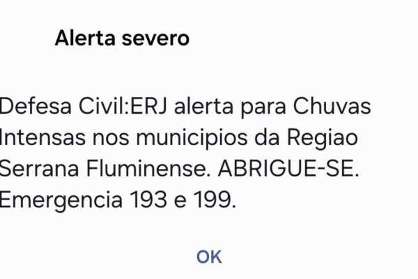 Alerta severo de chuva intensa da Defesa Civil no Rio de Janeiro (Região Serrana).