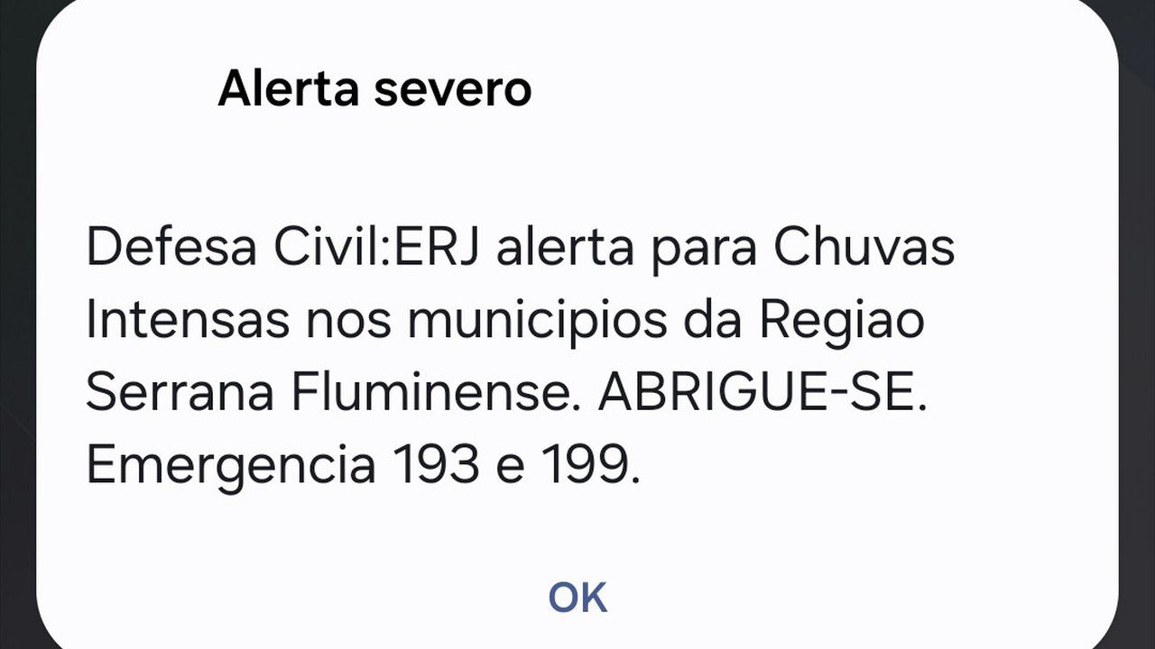 Alerta severo de chuva intensa da Defesa Civil no Rio de Janeiro (Região Serrana).