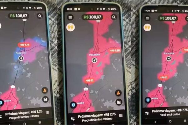 Aplicativo de transporte 99 mostra mapa com preços dinâmicos em Pacatuba e região.