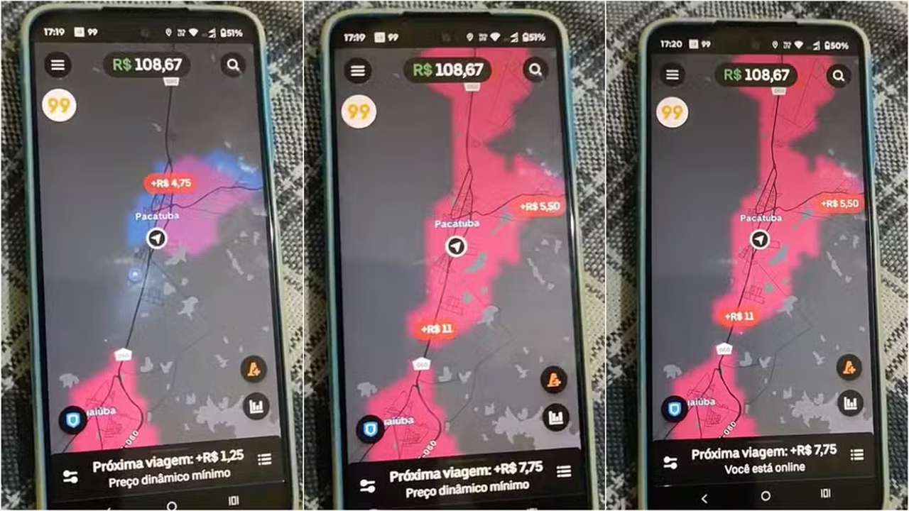 Aplicativo de transporte 99 mostra mapa com preços dinâmicos em Pacatuba e região.