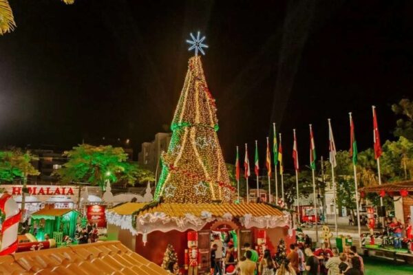 Árvore de Natal iluminada em praça pública, com enfeites e pessoas ao redor.