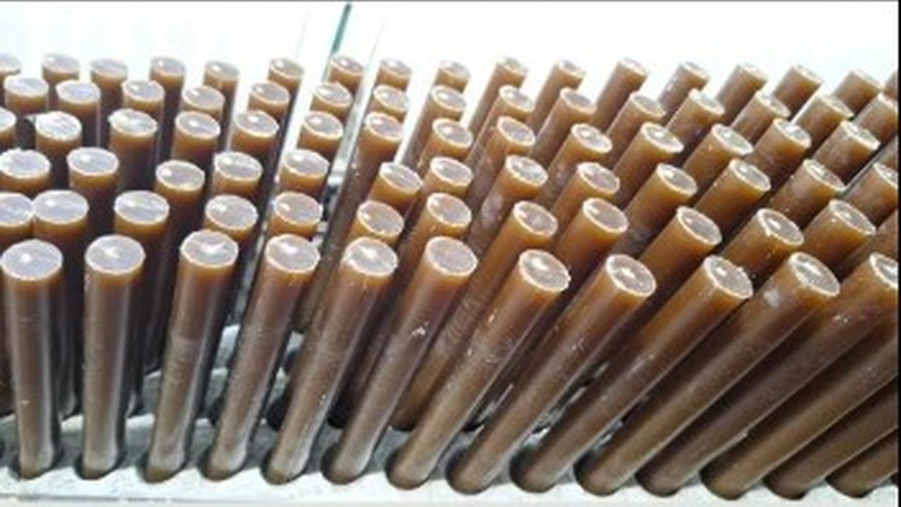Bastões de cera marrom dispostos em fileiras, possivelmente em processo de fabricação.