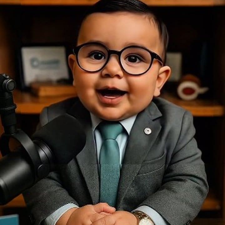 Bebê vestido com terno e gravata, usando óculos, em frente a um microfone, sorrindo.