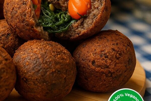 Bolinhos veganos fritos, com recheio visível, em feira vegana.