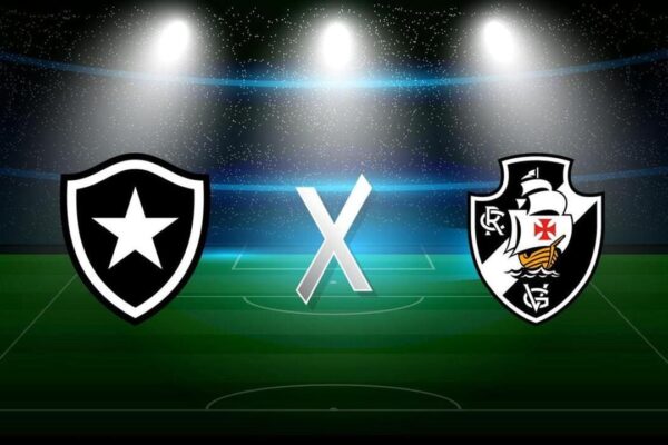 Botafogo vs Vasco: Jogo da Copa do Brasil no estádio, com os escudos dos times e 'X'.