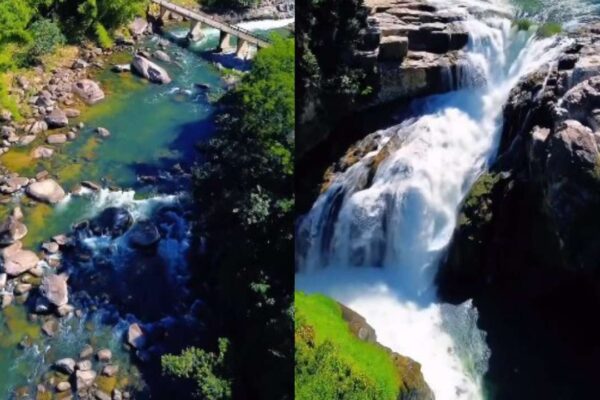 Cachoeira e rio com água turquesa em Nova Friburgo, Brasil