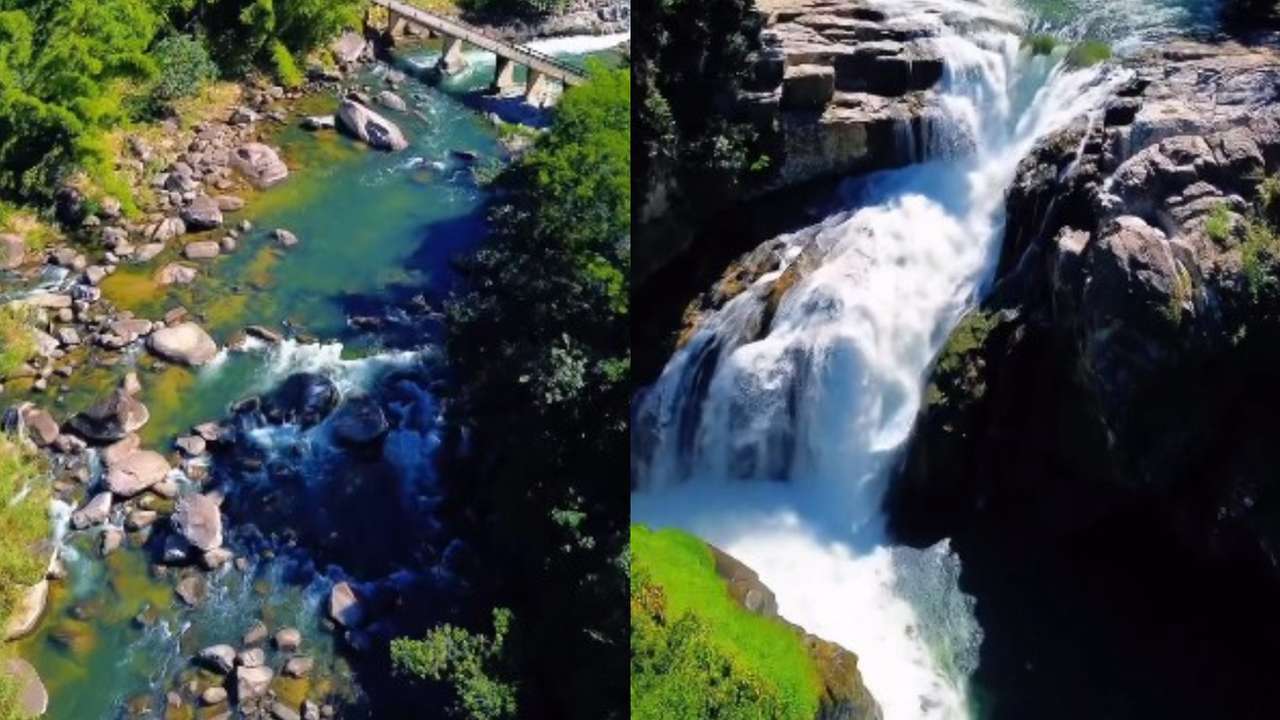 Cachoeira e rio com água turquesa em Nova Friburgo, Brasil