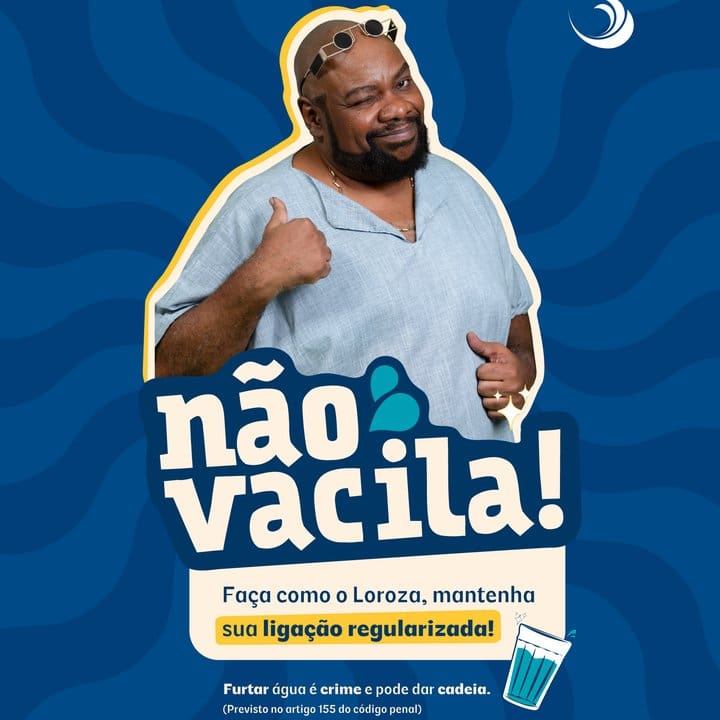 Campanha 'Não Vacila' da Águas de Nova Friburgo com Sérgio Loroza, alertando sobre furto de água.