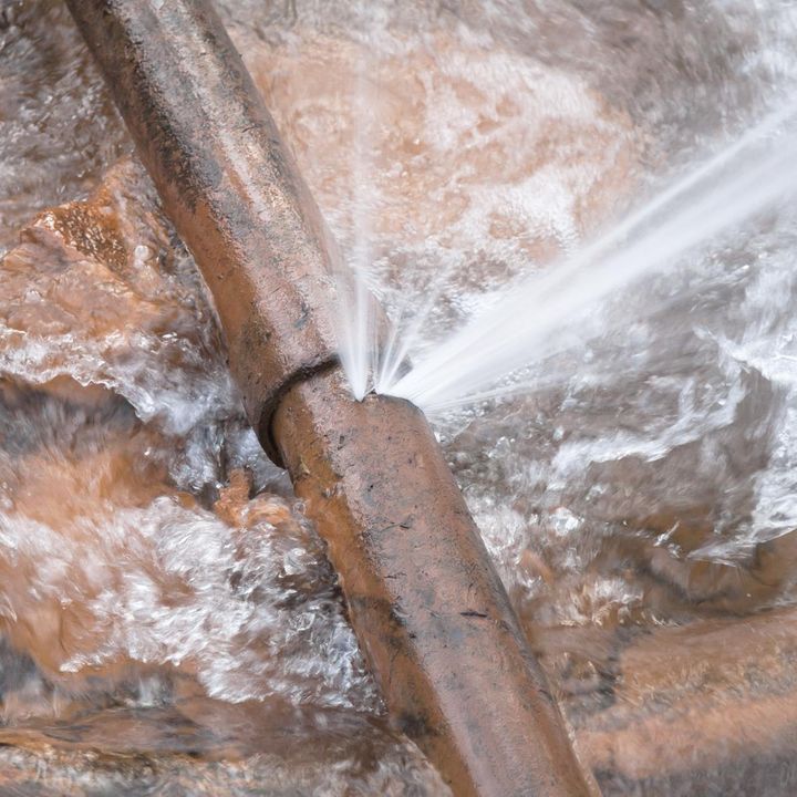 Canos de água enferrujados com vazamento, jorrando água.