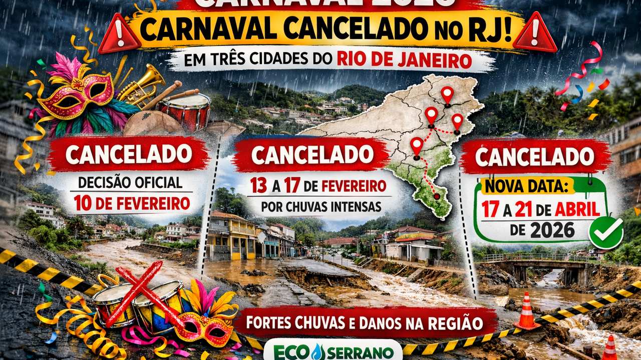 Carnaval 2026 cancelado no Rio de Janeiro devido a chuvas intensas e danos na região.
