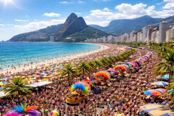 Carnaval no Rio de Janeiro: multidão na praia sob sol e céu azul.