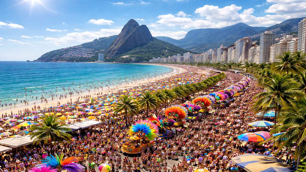 Carnaval no Rio de Janeiro: multidão na praia sob sol e céu azul.