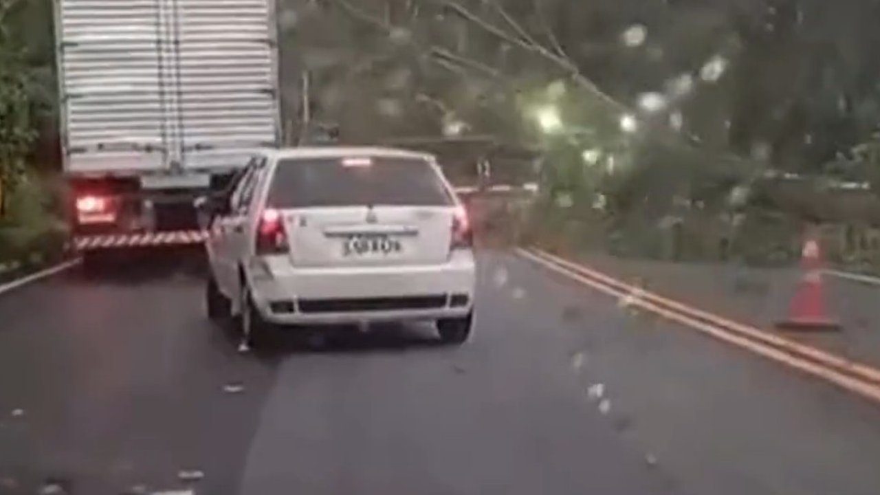 Carro branco parado na estrada RJ-116 bloqueada por queda de árvore