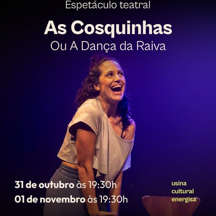 Cartaz do espetáculo As Cosquinhas: peça teatral em Nova Friburgo, com atriz sorrindo.