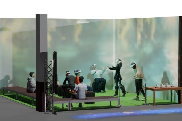 Cena de festival de cinema com pessoas usando óculos de realidade virtual.