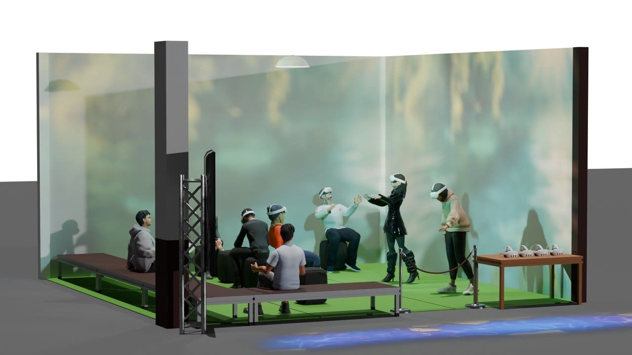 Cena de festival de cinema com pessoas usando óculos de realidade virtual.