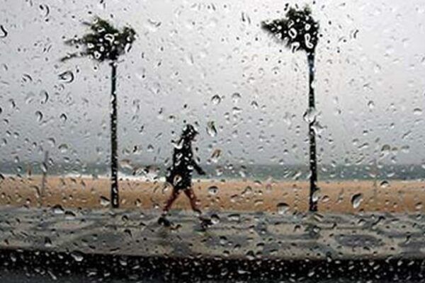 Chuva forte no Rio de Janeiro com pessoa andando na rua e coqueiros.