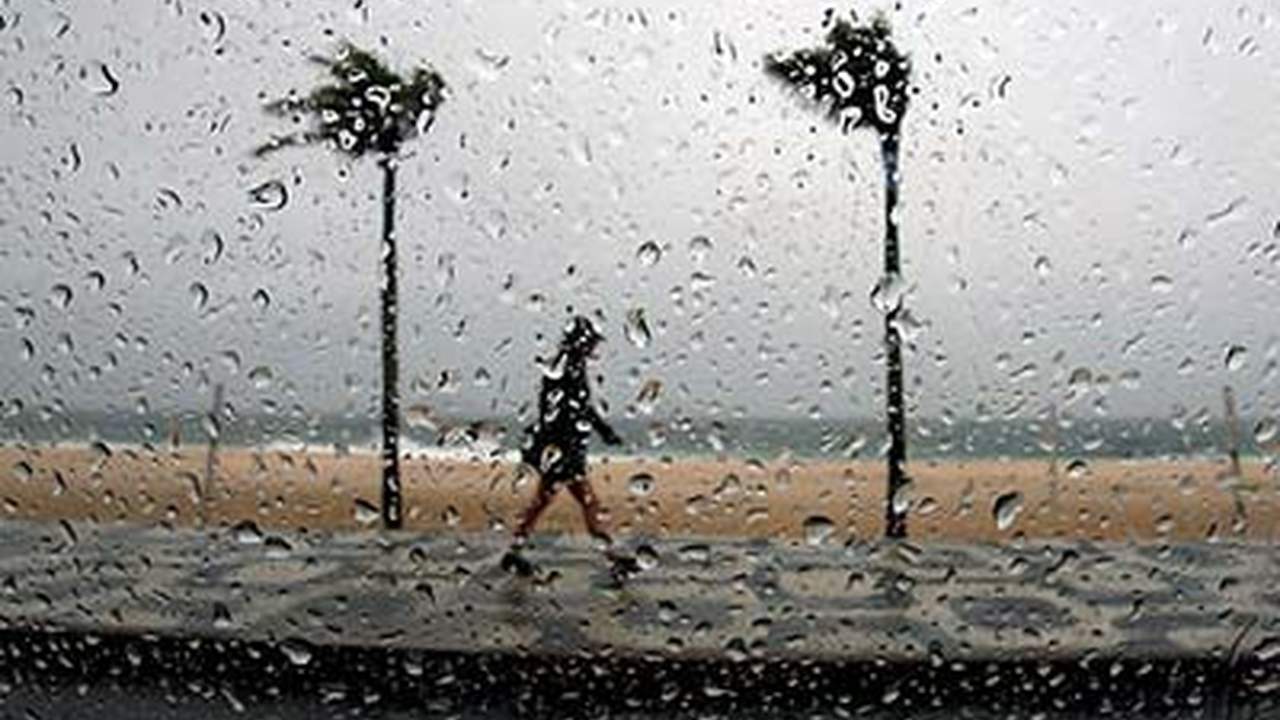 Chuva forte no Rio de Janeiro com pessoa andando na rua e coqueiros.