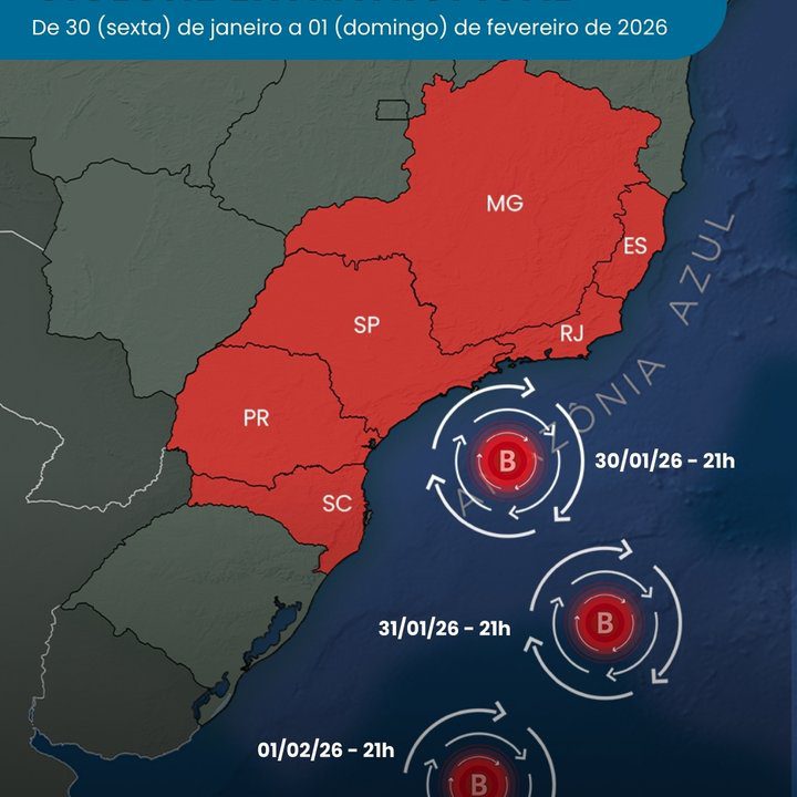 Ciclone extratropical afeta o tempo no Rio de Janeiro entre 30 de janeiro e 1º de fevereiro de 2026.