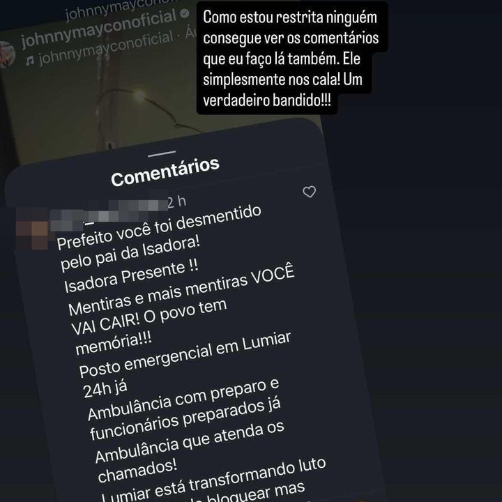 Comentários sobre restrição nas redes sociais do prefeito Johnny Maycon.