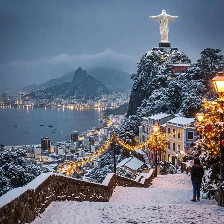 Cristo Redentor em paisagem nevada no Rio de Janeiro, com vista panorâmica da cidade.