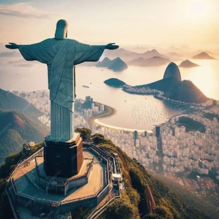 Cristo Redentor no Rio de Janeiro, com o Pão de Açúcar ao fundo, em um dia ensolarado.