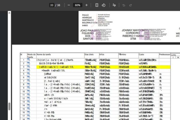 Documento com informações sobre tarefas e custos, possivelmente relacionado a obras públicas.
