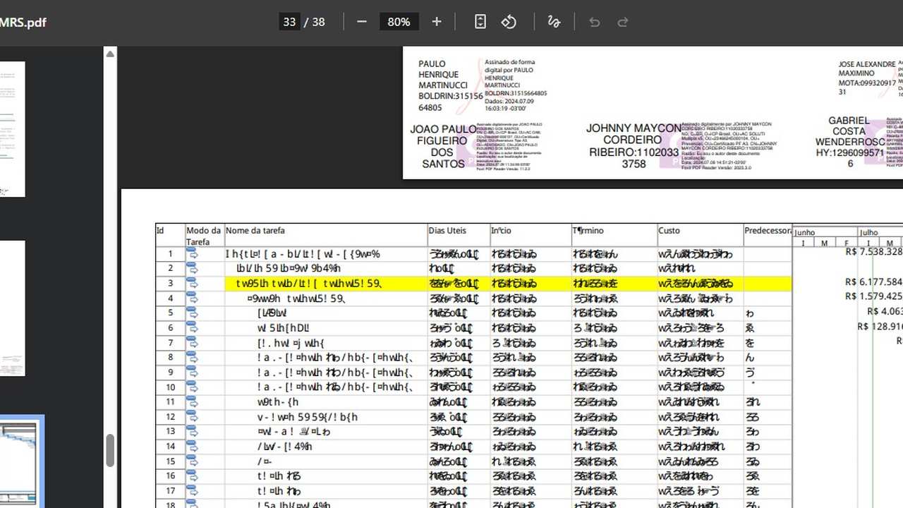 Documento com informações sobre tarefas e custos, possivelmente relacionado a obras públicas.