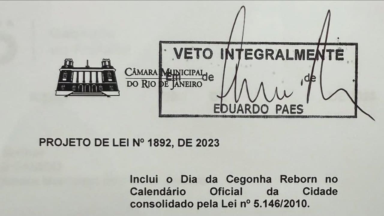 Documento oficial com veto de Eduardo Paes ao projeto de lei 1892, de 2023, sobre o Dia da Cegonha Reborn.
