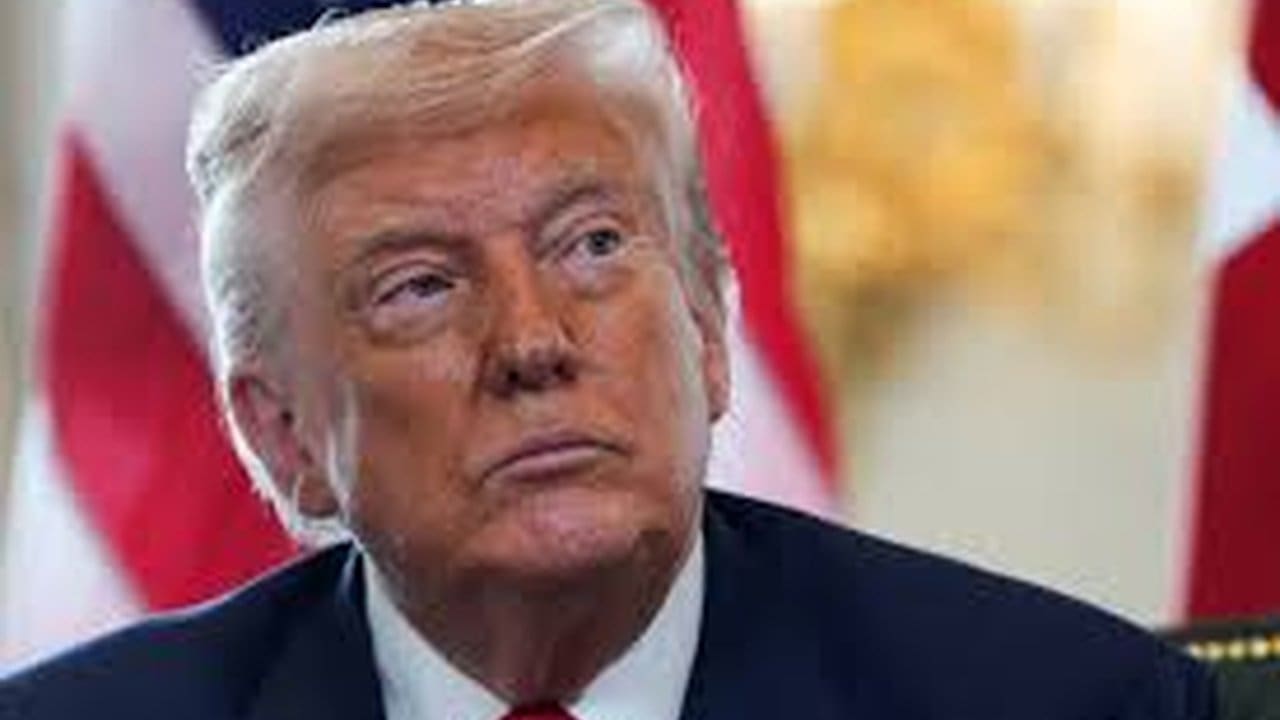Donald Trump em foto, com bandeiras dos EUA ao fundo.
