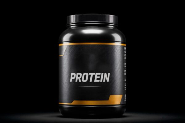 Embalagem de proteína em pó com a palavra 'PROTEIN' em destaque, em fundo preto.