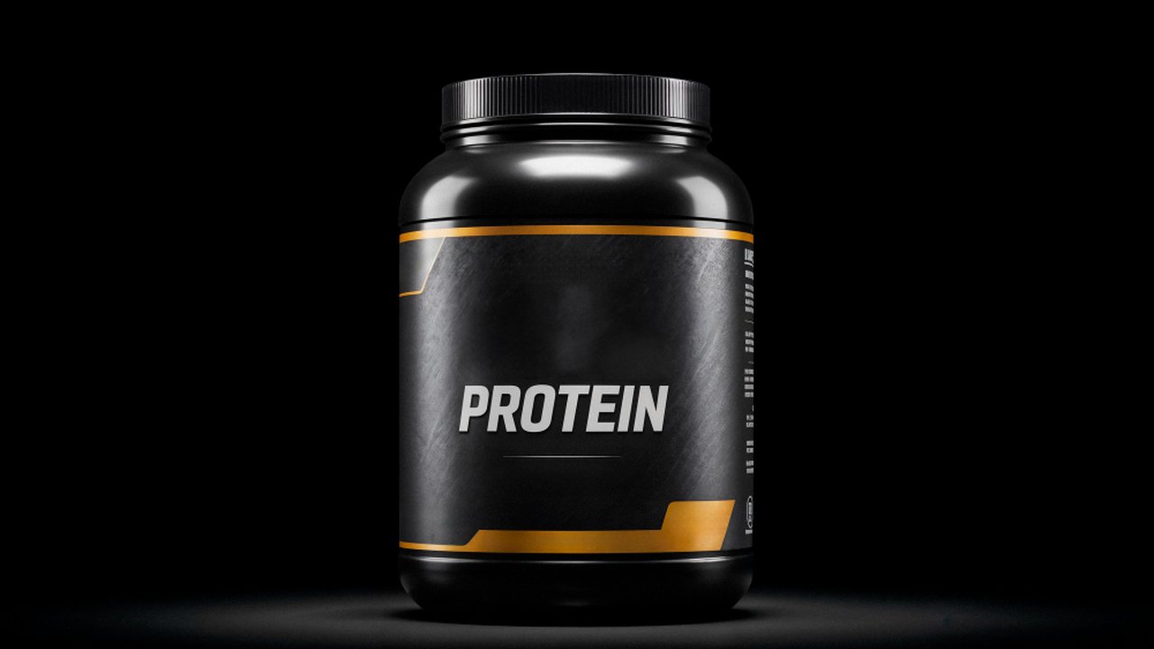 Embalagem de proteína em pó com a palavra 'PROTEIN' em destaque, em fundo preto.