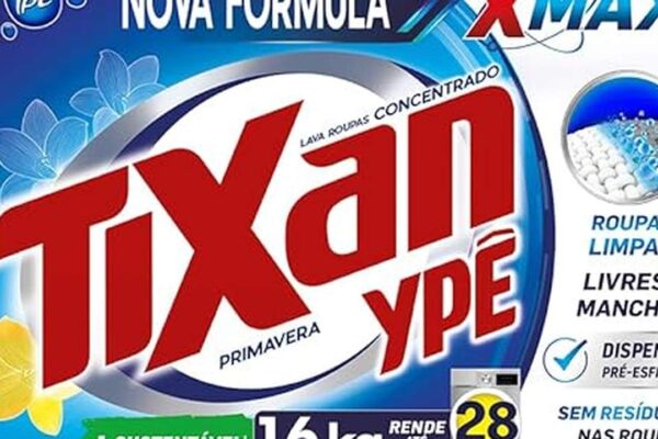 Embalagem do sabão em pó Tixan Ypê Primavera, com destaque para a nova fórmula e benefícios.