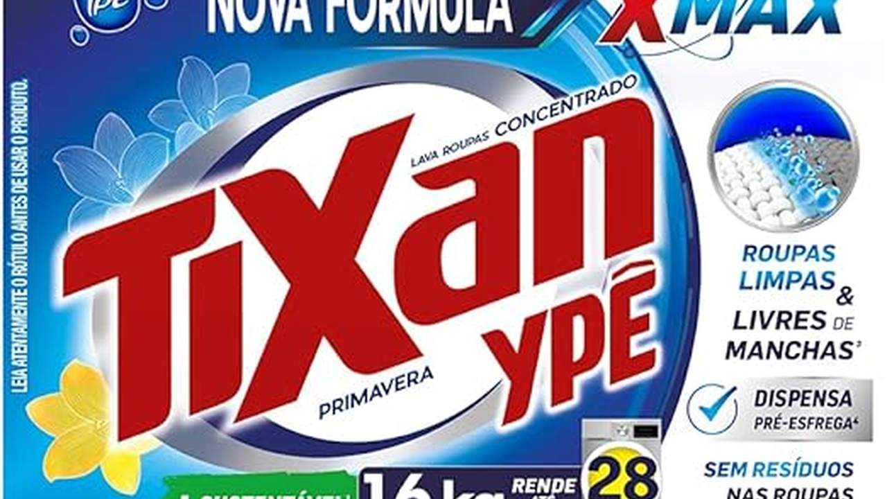 Embalagem do sabão em pó Tixan Ypê Primavera, com destaque para a nova fórmula e benefícios.