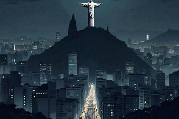 Estátua do Cristo Redentor iluminada em meio à noite escura, com apagão no Rio de Janeiro.