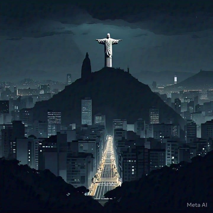 Estátua do Cristo Redentor iluminada em meio à noite escura, com apagão no Rio de Janeiro.