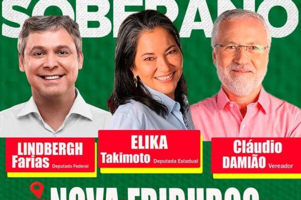 Evento Brasil Soberano em Nova Friburgo com Lindbergh Farias, Elika Takimoto e Cláudio Damião.